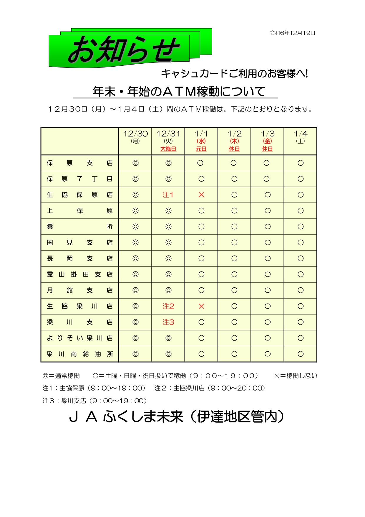 重要なお知らせ | JAふくしま未来