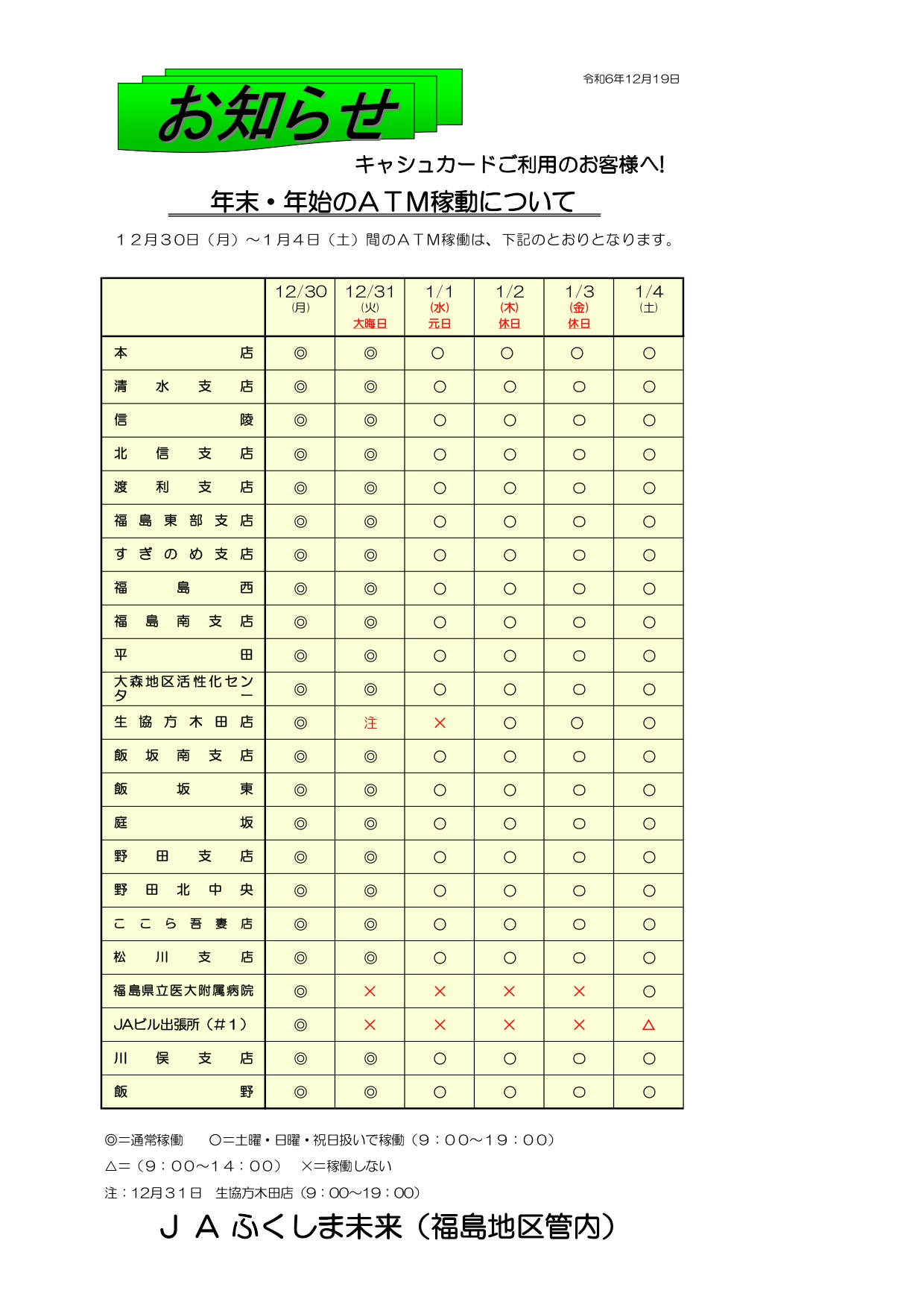 重要なお知らせ | JAふくしま未来
